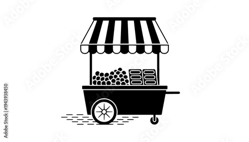 A food cart icon with a striped awning and fruit display