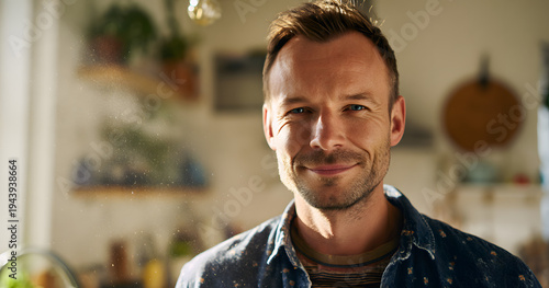 A picture of a man who is confident and smiling in the kitchen for a day off, free time, or a weekend break. A positive attitude, morning peace, or a person who is happy at home, on a staycation, or i