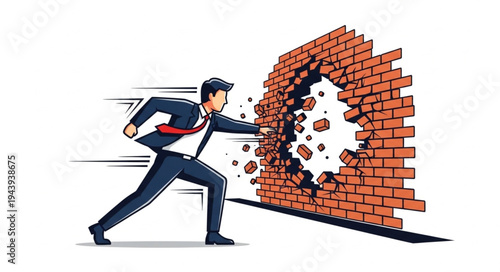 Man Breaking Through Brick Wall.