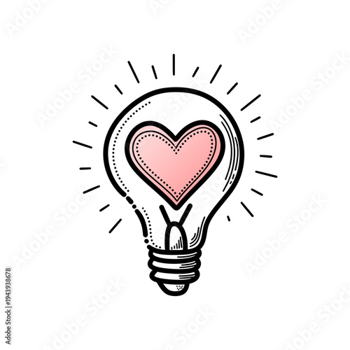 Hand Drawn Light Bulb with Pink Heart Idea Concept Illustration