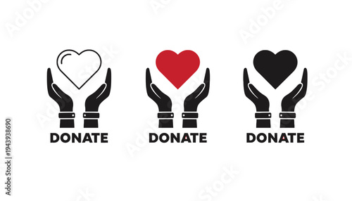 Donate icon set with heart and hands in different colors and styles