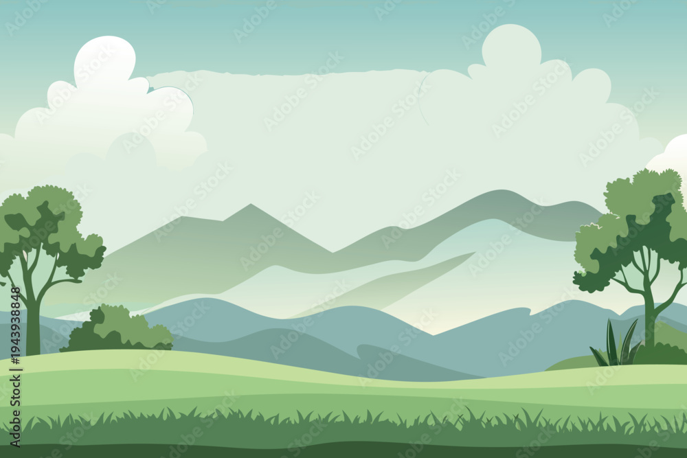Obraz premium Stylized Green Landscape with Rolling Hills Mountains Trees and CloudsVector Illustration