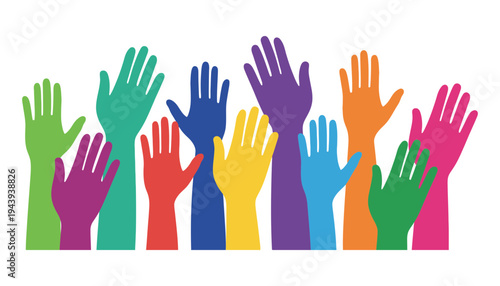 A colorful illustration of raised hands in different vibrant colors and styles