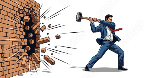Man breaking through brick wall.