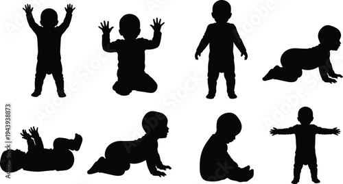 Cute baby silhouettes in various crawling sitting standing poses, black vector illustration, adorable infant figures, newborn child development collection