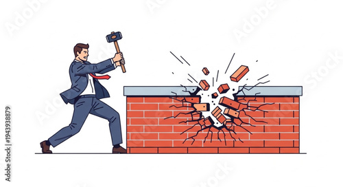 Man breaking through brick wall.