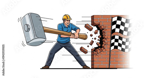 Man breaking through brick wall.