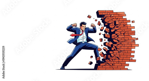 Man Breaking Through Brick Wall.