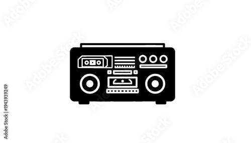 A black and white illustration of a vintage boombox radio icon