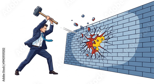 Man breaking through brick wall.