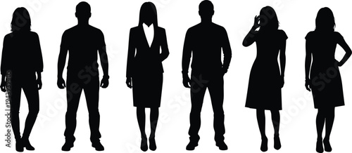 Diverse business people silhouettes in formal and casual poses, black vector illustration, men and women standing group, professional shadow figures collection