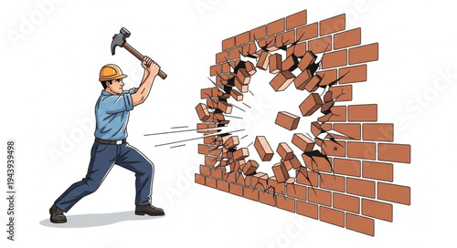 Man breaking through brick wall.