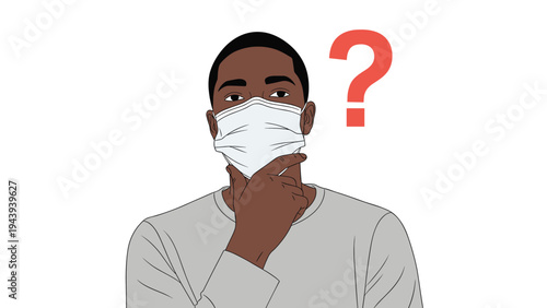 Thoughtful person wearing a white protective face mask with a large red question mark floating beside their head.