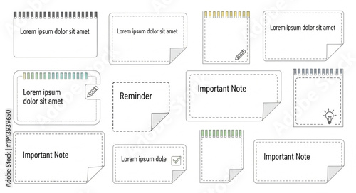Collection of Note Paper Designs with Curled Corners and Various Text.