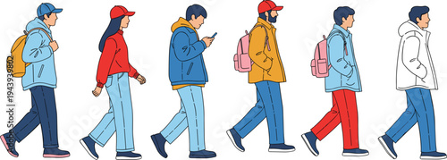 Diverse group of people walking side view, young men and women in casual winter jackets hoodies backpacks trendy street fashion illustration