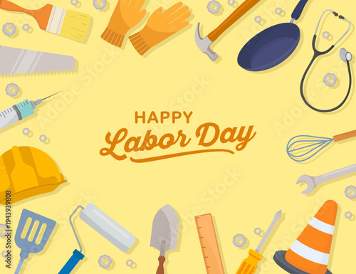 Labor Day Greeting Card Template with Industrial Medical and Cooking Tools Border Occupation Icons