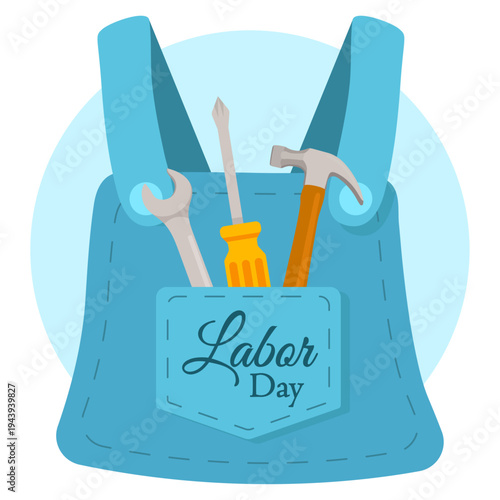 Flat style Labor Day concept with denim jumpsuit and repair tools industrial work wear hammer and screwdriver