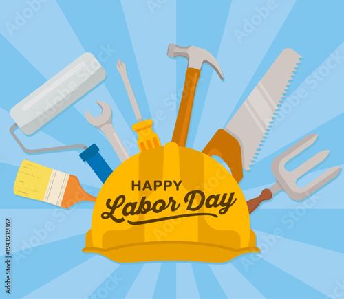 Happy Labor Day Concept with Yellow Safety Helmet and Construction Tools Set Hard Hat, Hammer, Saw and Paintbrush