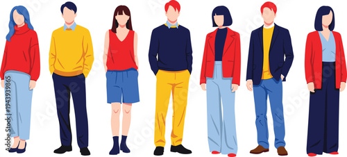 Diverse group of stylish people in colorful casual outfits, modern fashion vector illustration, men and women standing together, vibrant clothing design collection