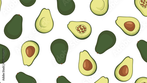 Seamless pattern showcasing whole dark green avocados and halved avocados revealing the pit on a white background.
