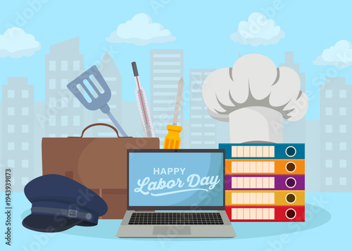 Happy Labor Day banner with professional tools for healthcare, cooking and office work city skyline background