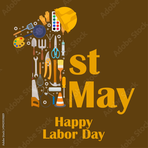 Happy Labor Day Poster with 1st May Text and Occupational Equipment Icons Professional Tools