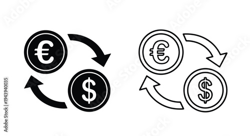 Euro Dollar Currency Exchange Cycle Icons Set - Line and glyph icon set - Minimalist, flat icon, outline, glyph, linear, clipart, sticker - icon set