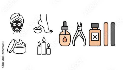 Spa icon set with face mask, candles, and beauty products illustration