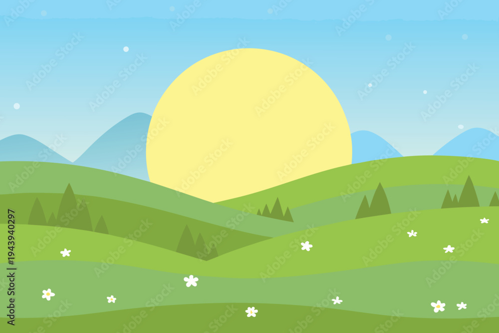 Fototapeta premium Sunny Landscape with Rolling Hills and Flowers Bright Daytime Scene Stylized Vector Illustration