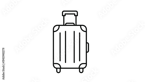 Simple black outline icon of a modern rolling travel suitcase with a handle and wheels on a white background.