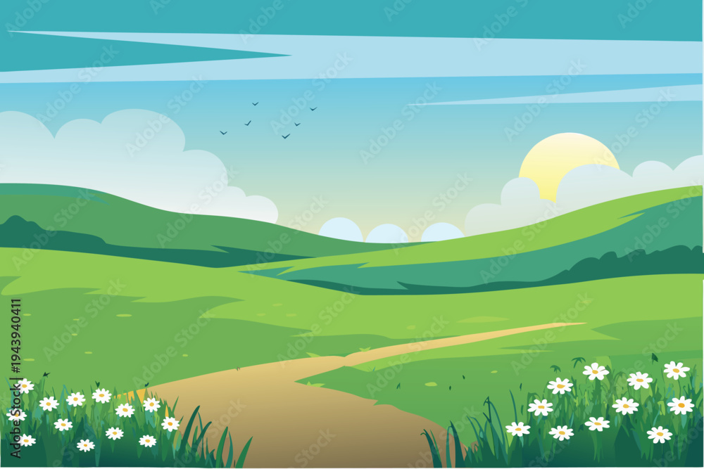 Naklejka premium Sunny Meadow Landscape with Winding Path and Flowers Daytime