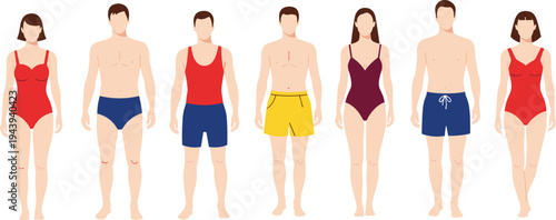 Diverse men and women in colorful one-piece swimsuits and swim trunks, vector beachwear illustration, summer swim fashion group collection