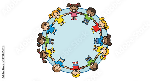 Diverse children holding hands in circle.