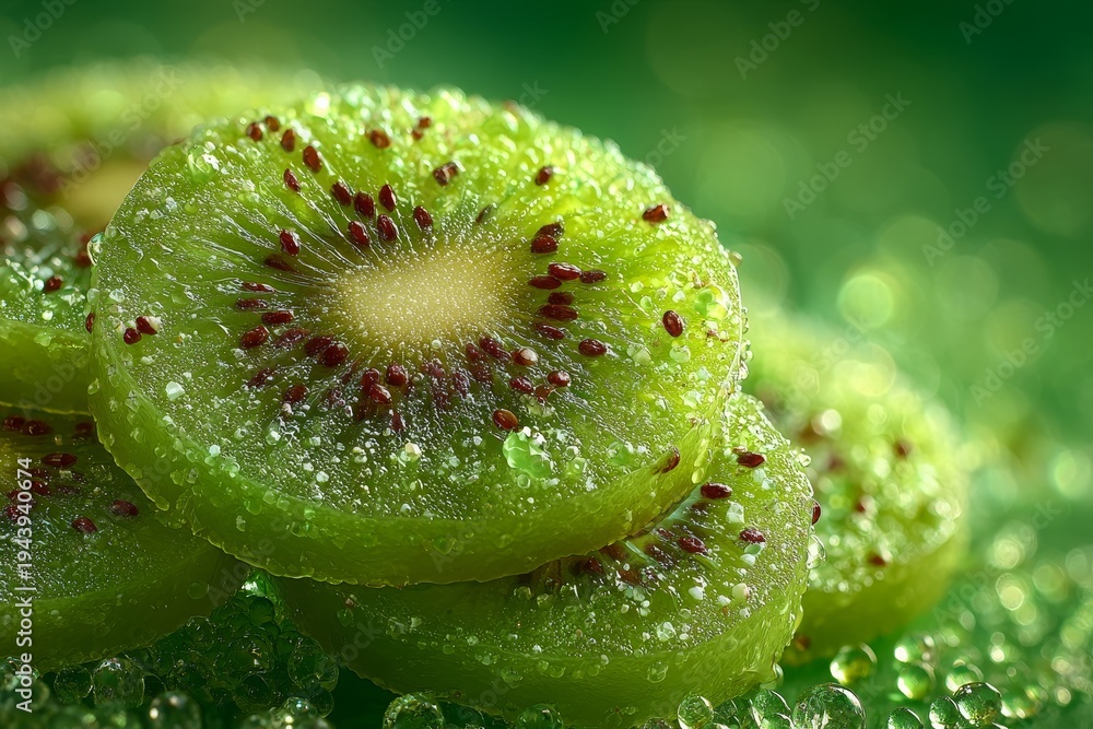 Obraz premium Macro close-up of stacked kiwi slices with dew drops on vibrant green background, ideal for fresh fruit branding, healthy snacks, tropical cuisine, and wellness campaigns