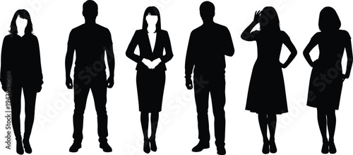Diverse professional silhouettes in business casual and formal poses, black vector illustration, men and women standing group, corporate shadow figures collection