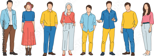 Diverse stylish group in colorful modern casual outfits, vector fashion illustration, blazers, sweaters, wide pants, dresses, trendy everyday streetwear collection
