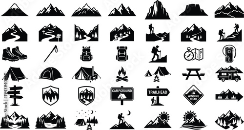 A black silhouette vector illustration set featuring camping icons and travel symbols like trees and hearts in a creative design collection
