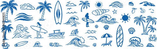 Hand drawn Chalk doodle beach and surf vector illustration set. Tropical Hawaii naïve coastal element. tropical coastal elements in a naive sketch style, capturing the relaxed island atmosphere.