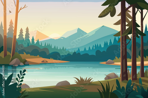 Tranquil Mountain Lake Landscape with Pine Trees and Calm Water at SunsetVector Illustration