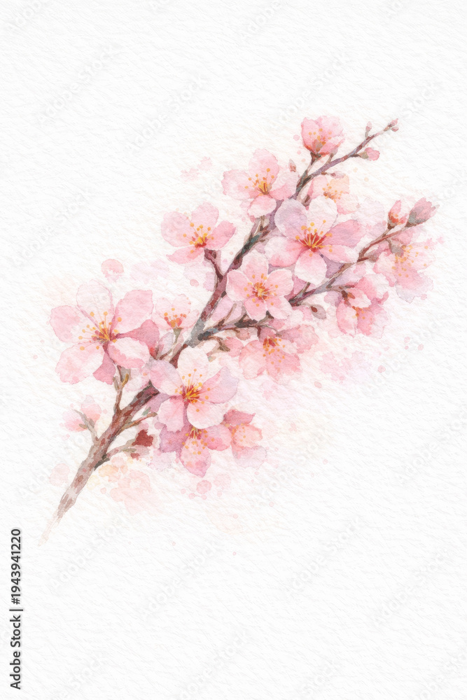 Obraz premium Watercolor cherry blossom sakura flower branch pink illustration bloom nature spring scene conveys peaceful serene calm feeling with soft petal background design for card