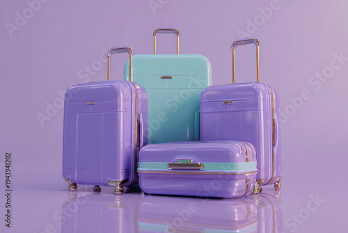 Travel luggage collection with multiple suitcases in soft pastel colors. Tourism, journey preparation, mobility concept and modern travel lifestyle design.