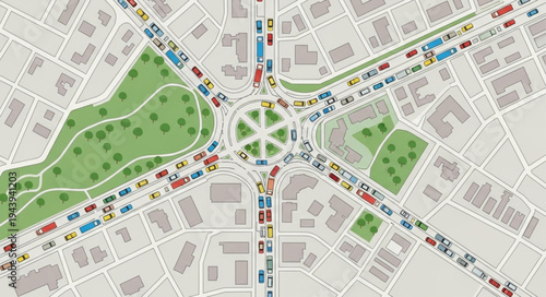 Aerial View of a Busy Roundabout Intersection with Heavy Traffic.
