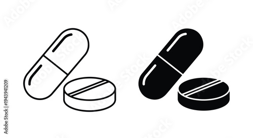 Capsule and Tablet Pill Icons Set - Line and glyph icon set - Minimalist, flat icon, outline, glyph, linear, clipart, sticker - icon set
