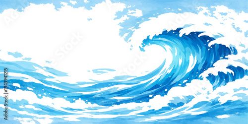 A refreshing nature background featuring a blue ocean wave splash illustration with a liquid vector pattern and summer sun reflecting on the sea under a clear sky backdrop