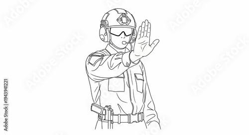 Military Officer Directing Traffic with Hand Signal, Stop Gesture, Security Guard