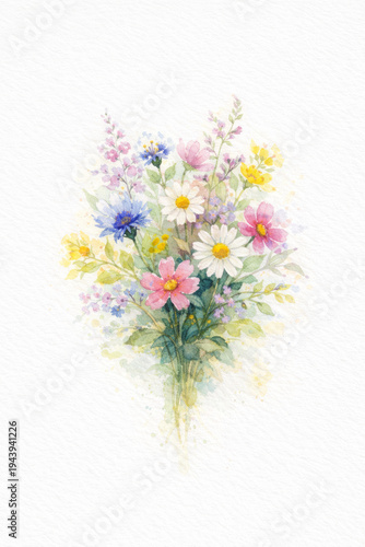 Wildflower bouquet daisy cornflower blossom floral illustration watercolor painting cheerful serene delicate bright pink blue yellow white green leaf petal garden art
