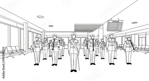 Military Personnel Standing in Formation in Modern Airport Terminal