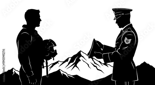 Military Pilot Honored by Officer in Mountains Silhouette