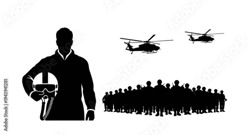 Military Pilot and Soldiers with Helicopters Silhouette