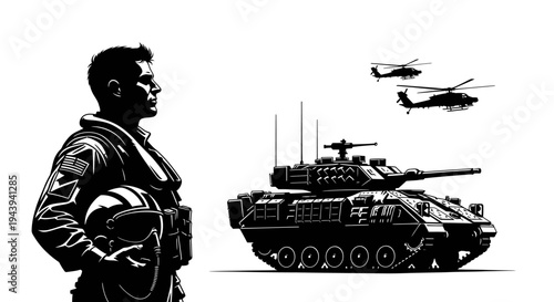 Military Pilot and Armored Vehicle with Helicopters - Strength and Defense Concept